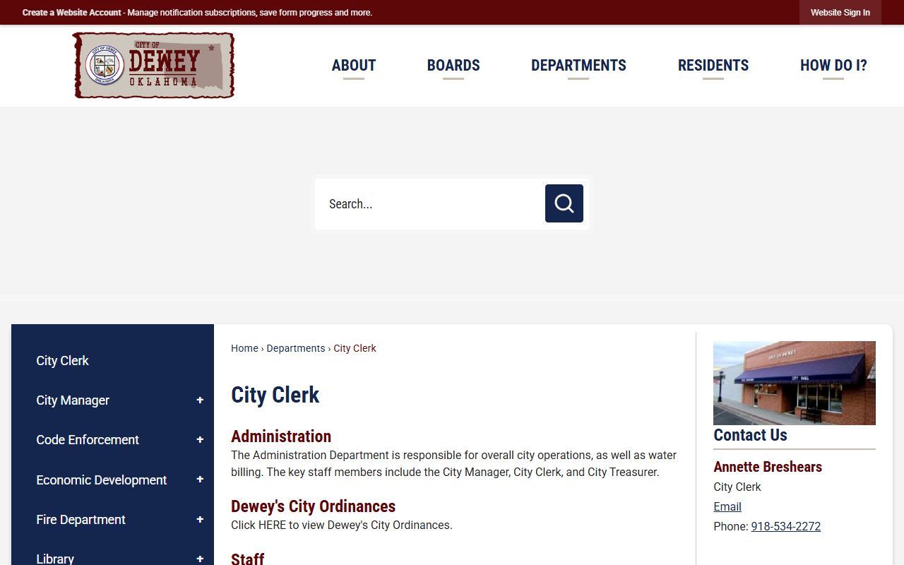 Dewey City Clerk municipal records office near Washington County Clerk