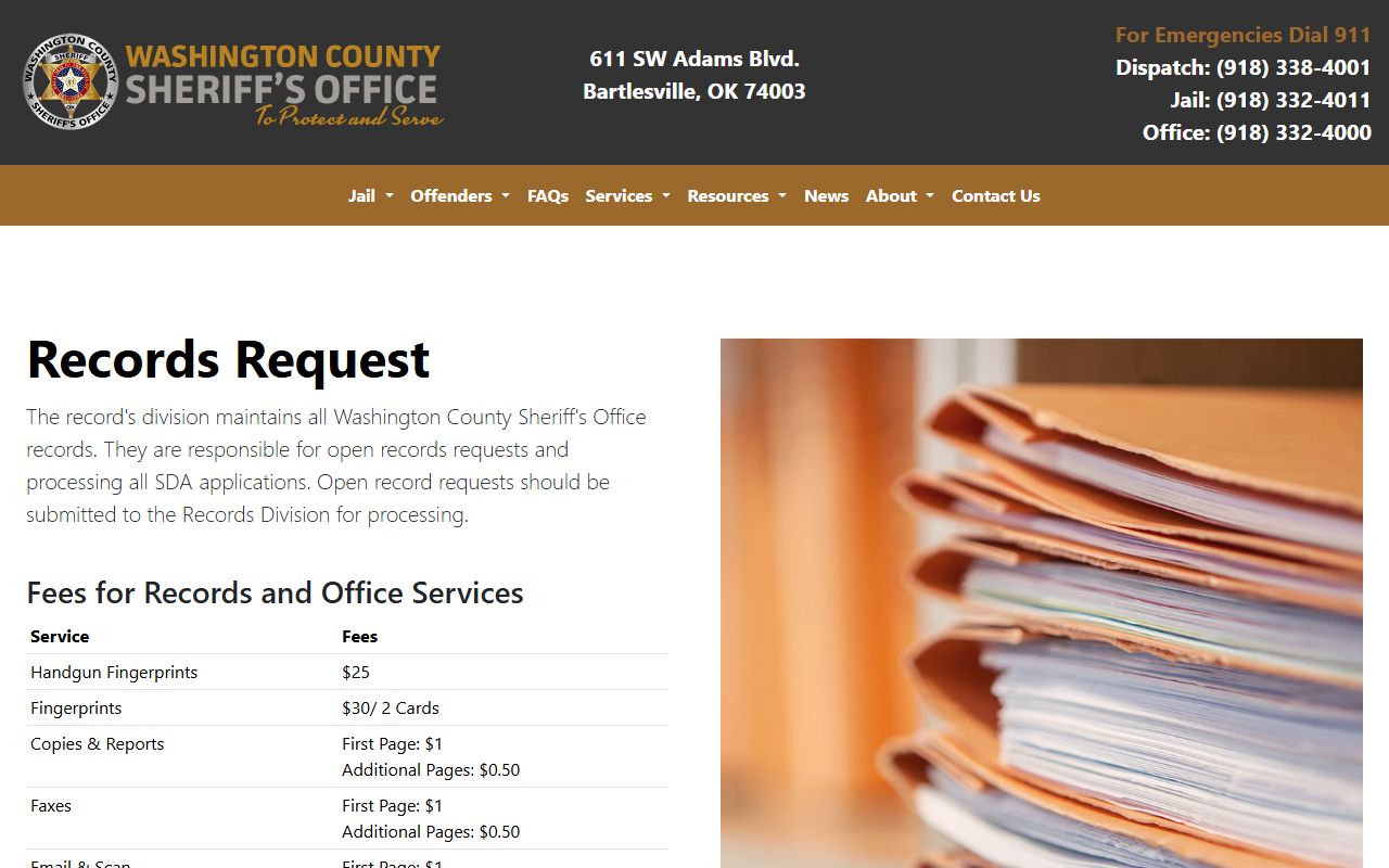 Washington County Sheriff records request page for arrest records and court charges