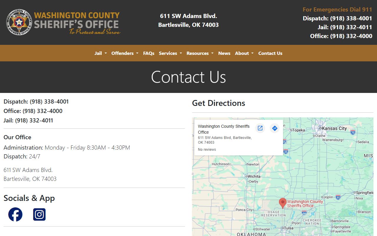 Washington County Sheriff contact page for arrest records and court charges questions