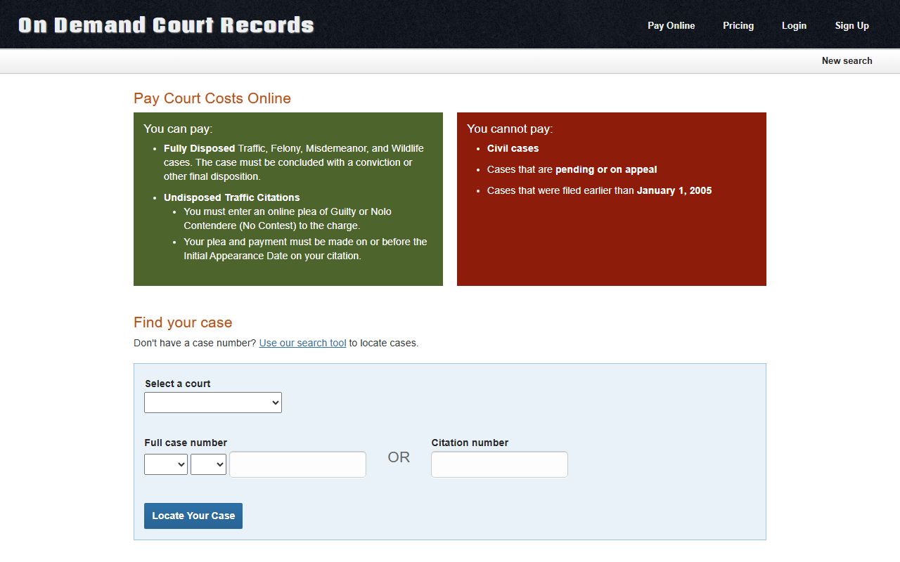 ODCR payment search for Washington County court dockets and court costs