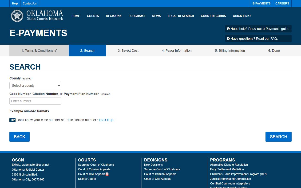 OSCN e-payments search for Washington County court dockets and case lookup