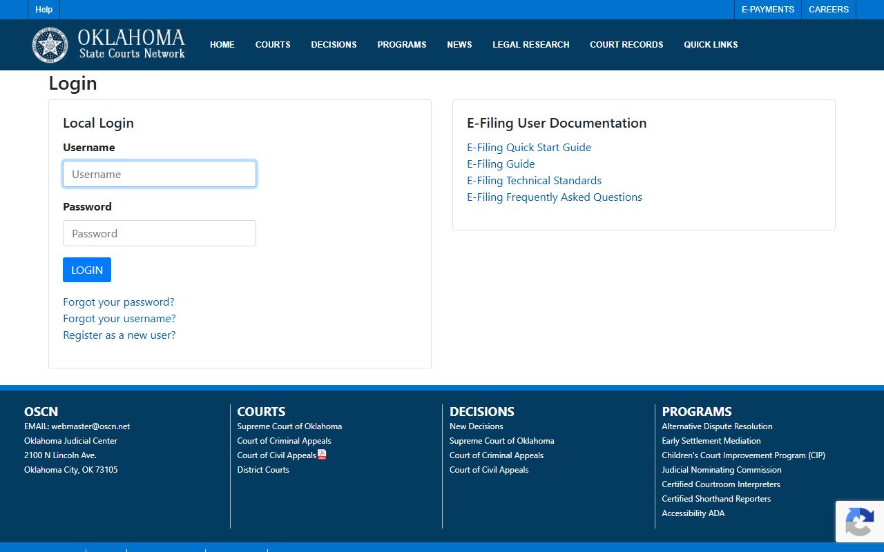 Washington County court records Oklahoma e-filing login page