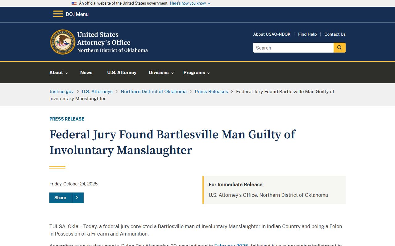 Washington County criminal court records federal jury verdict release for a Bartlesville case