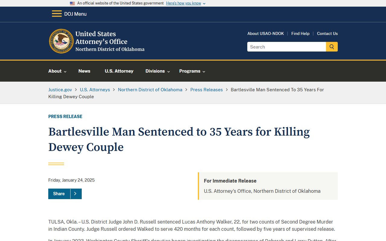 Washington County criminal court records federal sentencing release for a Dewey homicide case