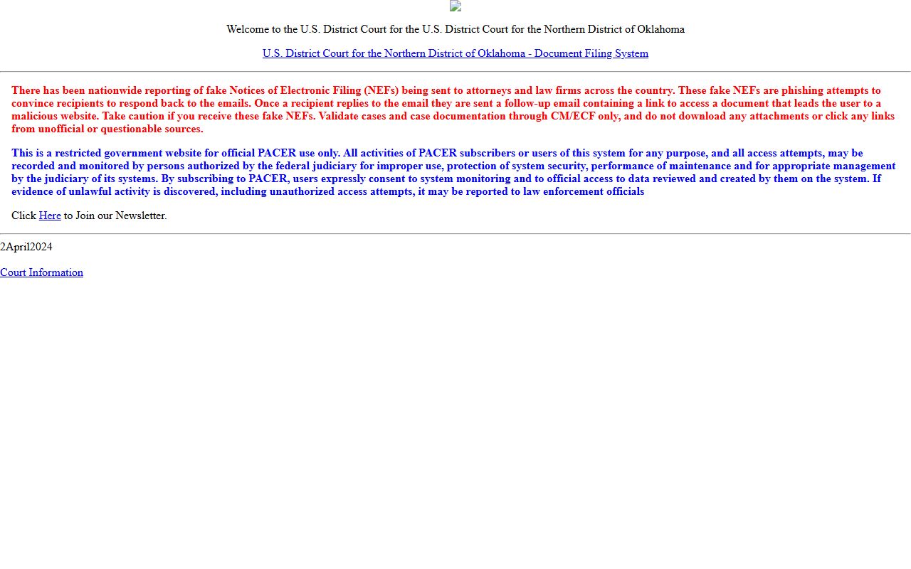 Washington County criminal court records Northern District of Oklahoma CM/ECF filing system