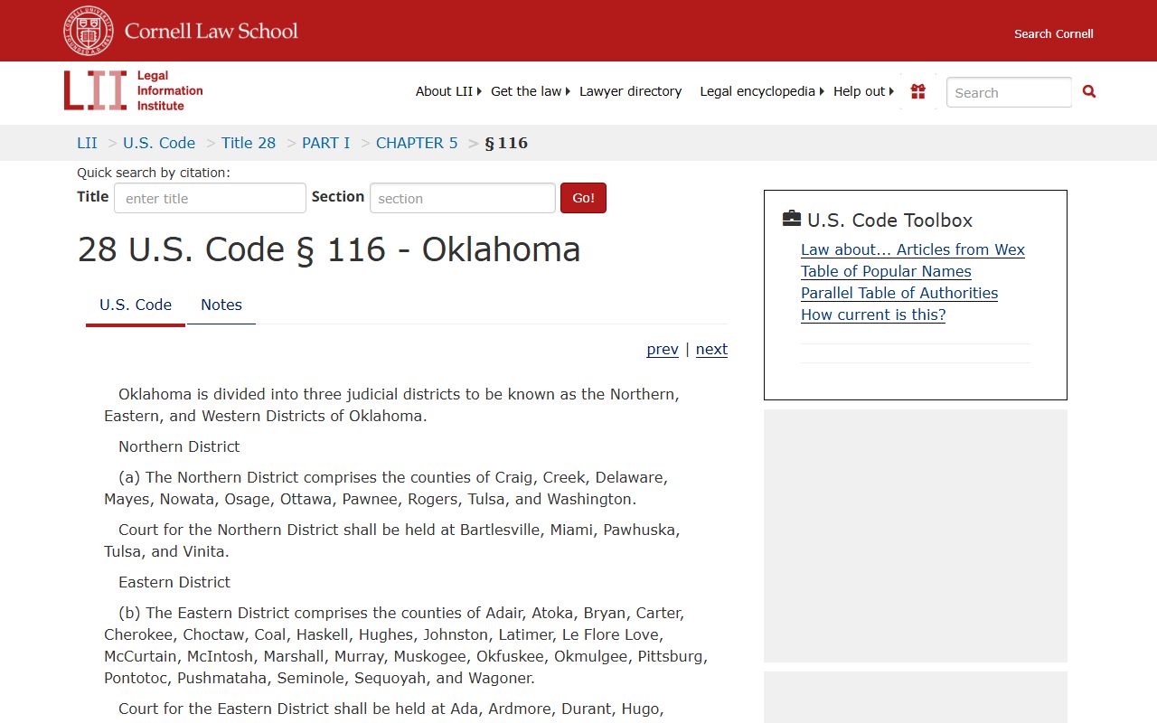 Federal Oklahoma statute covering Washington County District Court jurisdiction