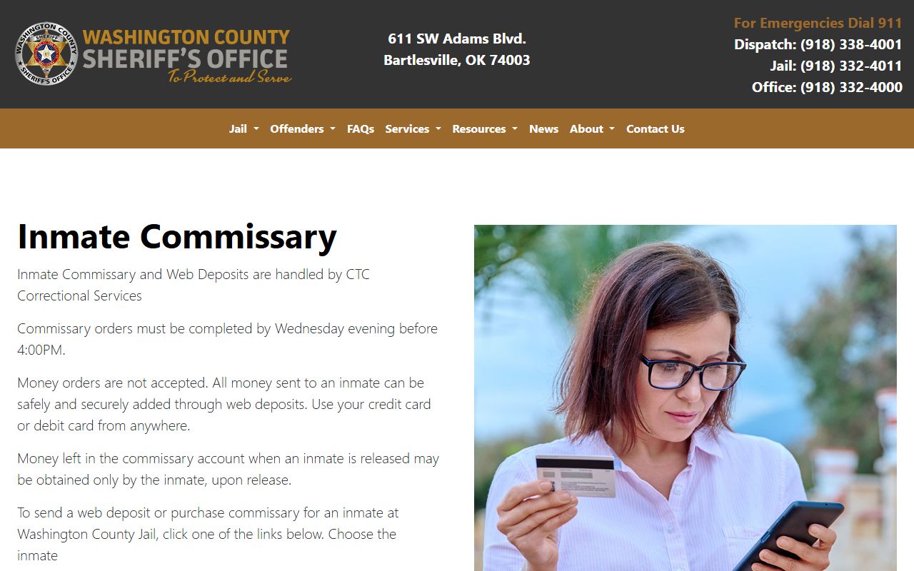 Washington County jail commissary and inmate deposit page