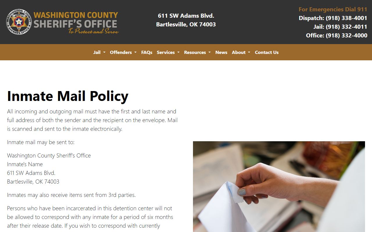 Washington County jail inmate mail rules and mailing address