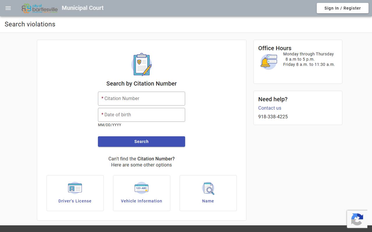 Washington County traffic court records search on the Bartlesville municipal citation portal