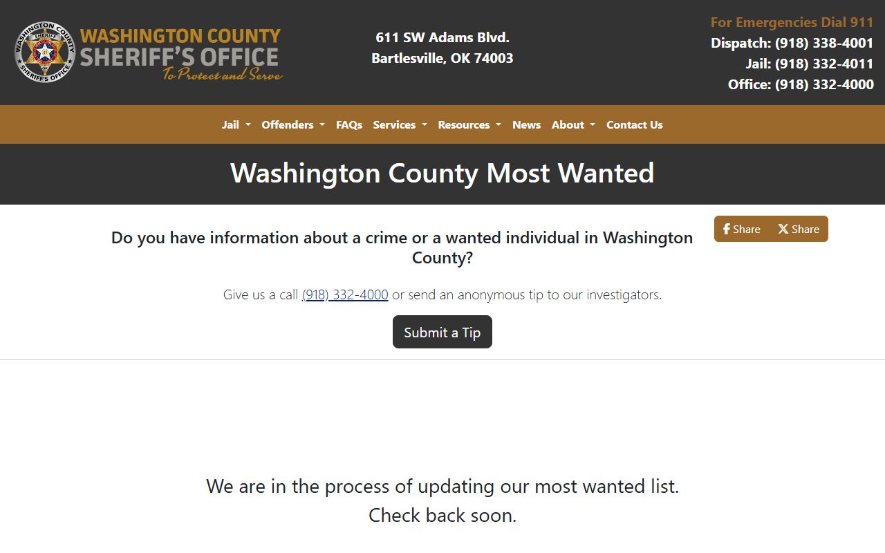 Washington County warrant most wanted list on the Sheriff's website