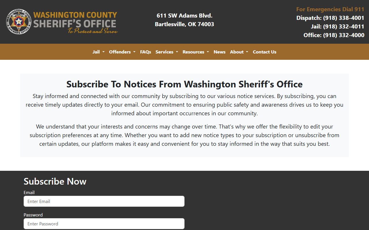 Washington County warrant alert subscription page on the Sheriff's website