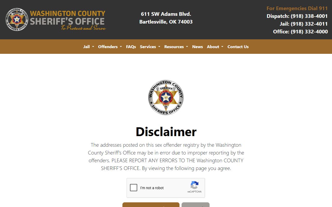 Washington County warrant page link to the Sheriff sex offender disclaimer