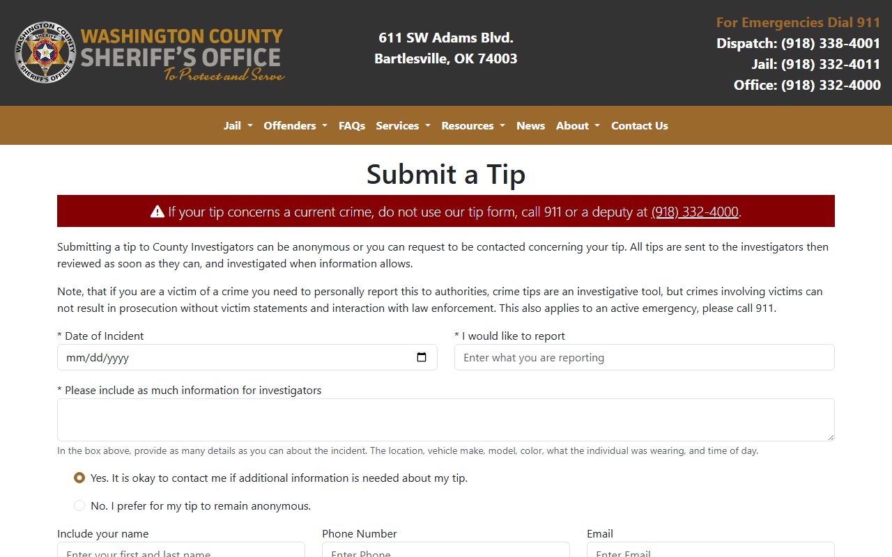 Washington County warrant tip submission form on the Sheriff's website